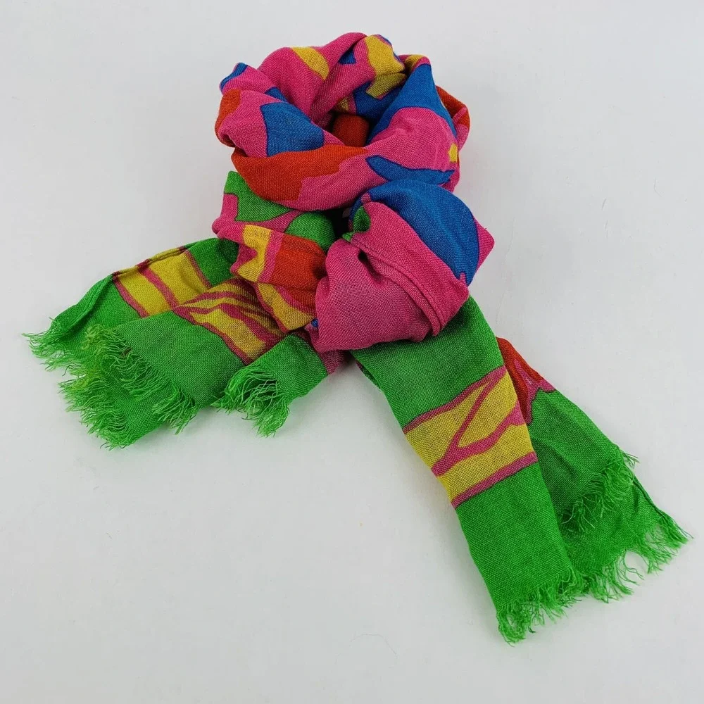 Vtg Floral Scarf Liz Claiborne Hawaiian Hibiscus Red Pink Blue Green Tropical